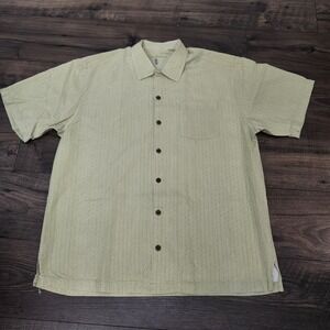 Tommy Bahama Shirt 100% Silk Large Canary‎ Embossed Palms Hawaiian Camp Shirt